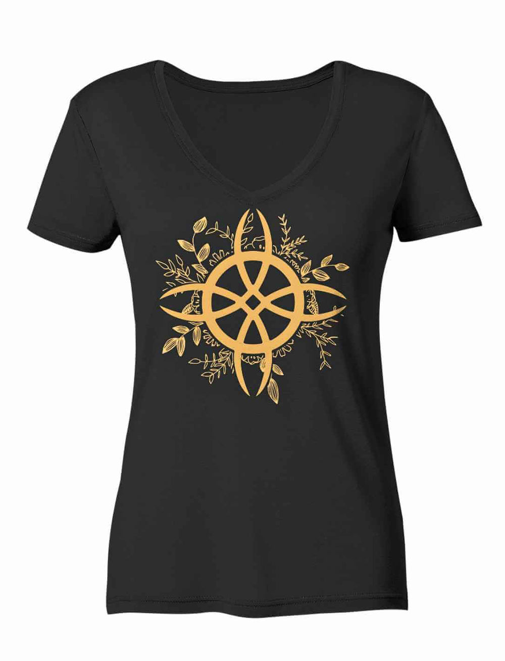 Hexenknoten Shirt der grünen Magie in schwarz, präsentiert auf weissem Hintergrund.