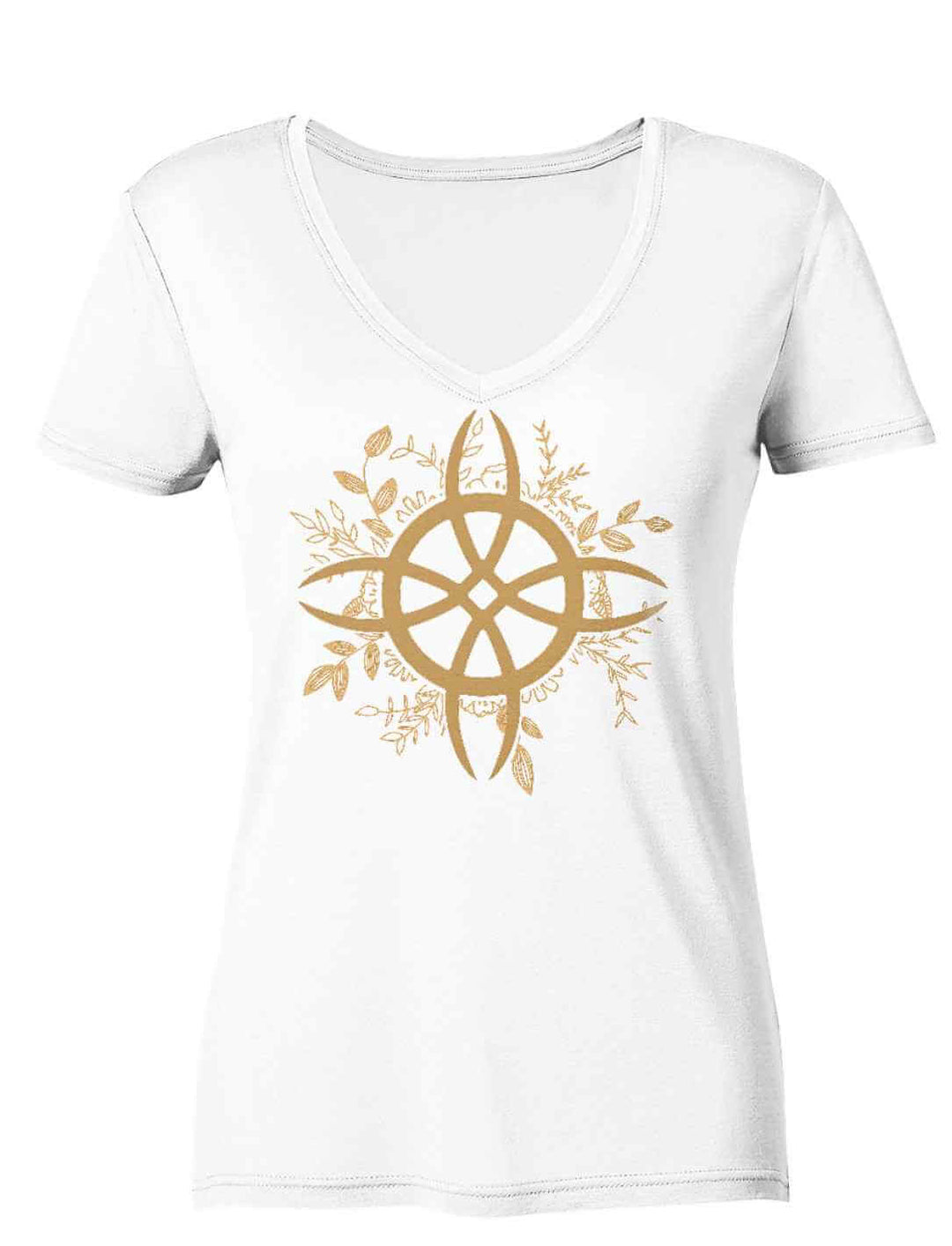 Hexenknoten Shirt der grünen Magie in weiss, präsentiert auf weissem Hintergrund.