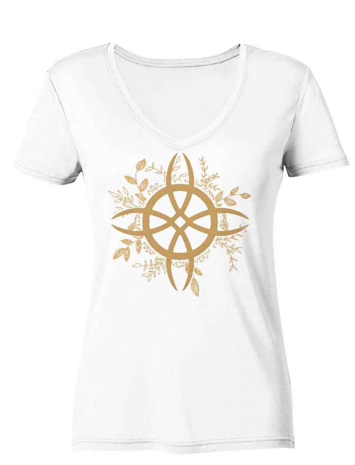 Hexenknoten Shirt der grünen Magie in weiss, präsentiert auf weissem Hintergrund.