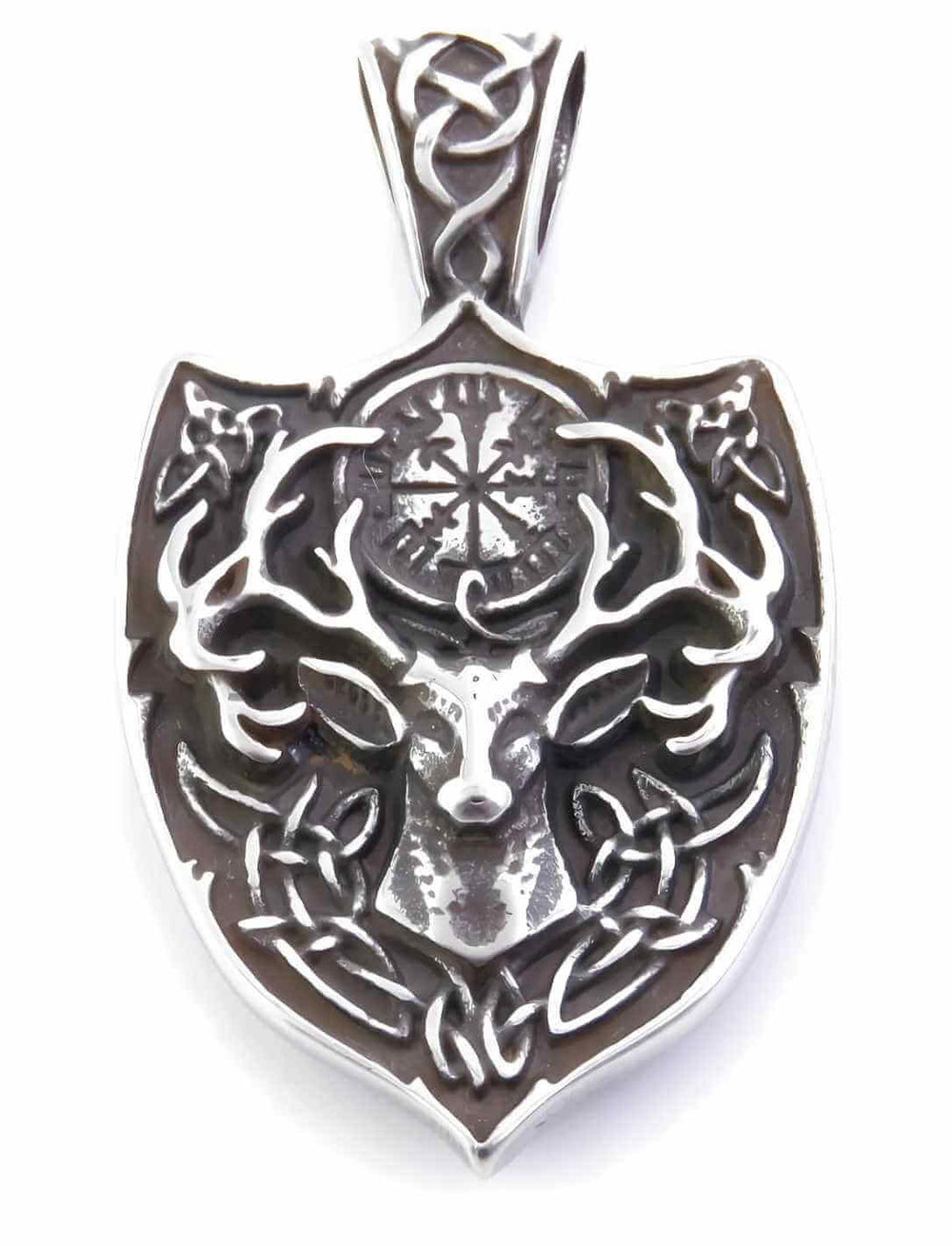 Edelstahlanhänger „Hirsch von Vanaheim“ mit Vegvisir-Symbol auf Schild – inspiriert von nordischer Mythologie.