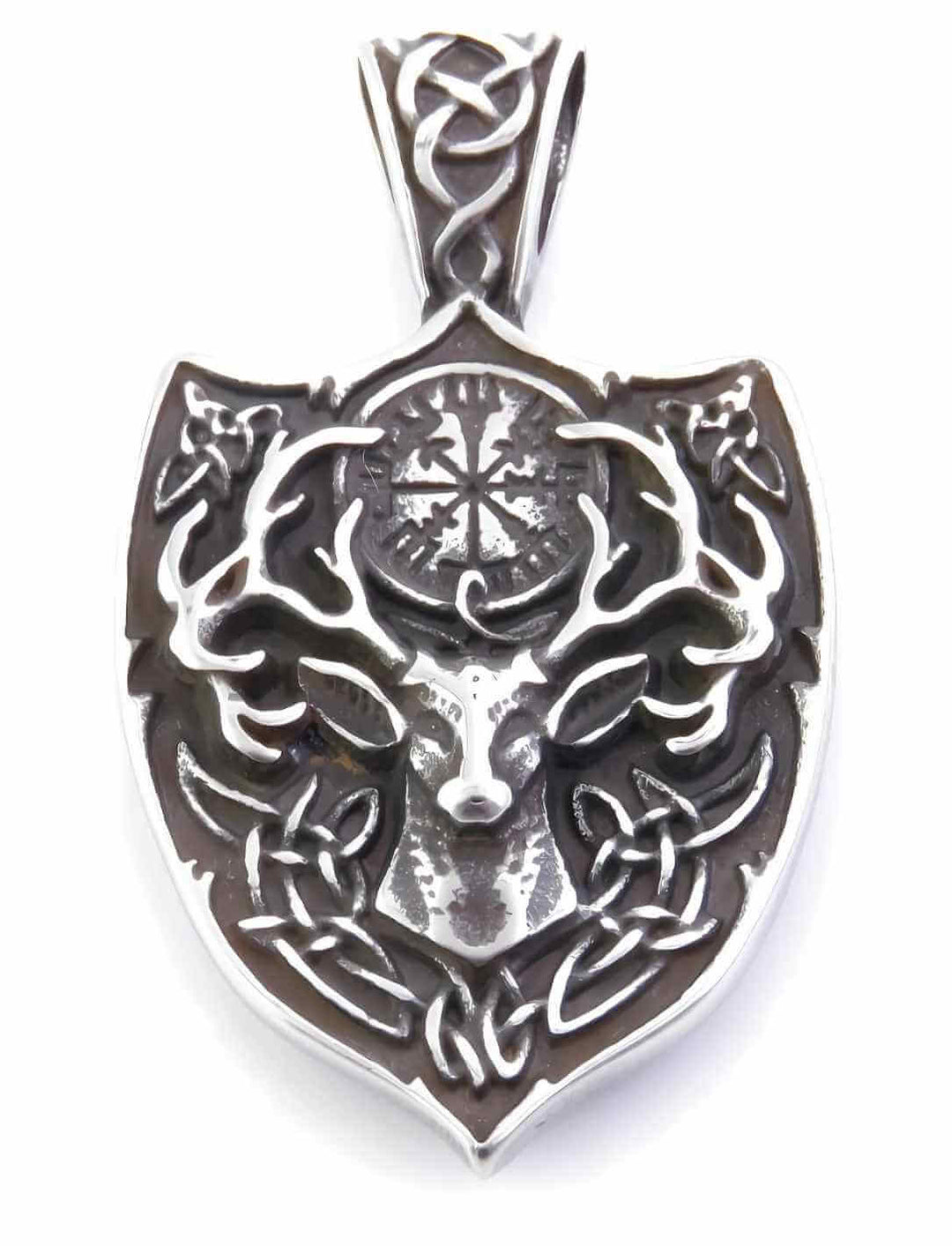 Edelstahlanhänger „Hirsch von Vanaheim“ mit Vegvisir-Symbol auf Schild – inspiriert von nordischer Mythologie.
