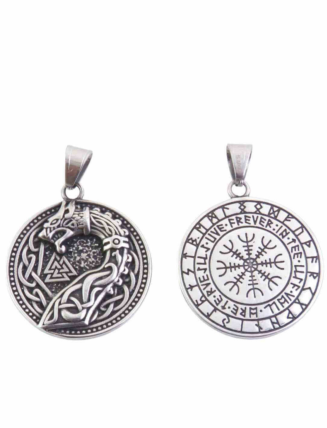 Doppelseitiger Edelstahl-Anhänger „Jörmungandr – Wächter des Weltenpfades“ mit nordischem Schlangenmotiv, Vegvisir und Valknut-Zeichen im Zentrum.