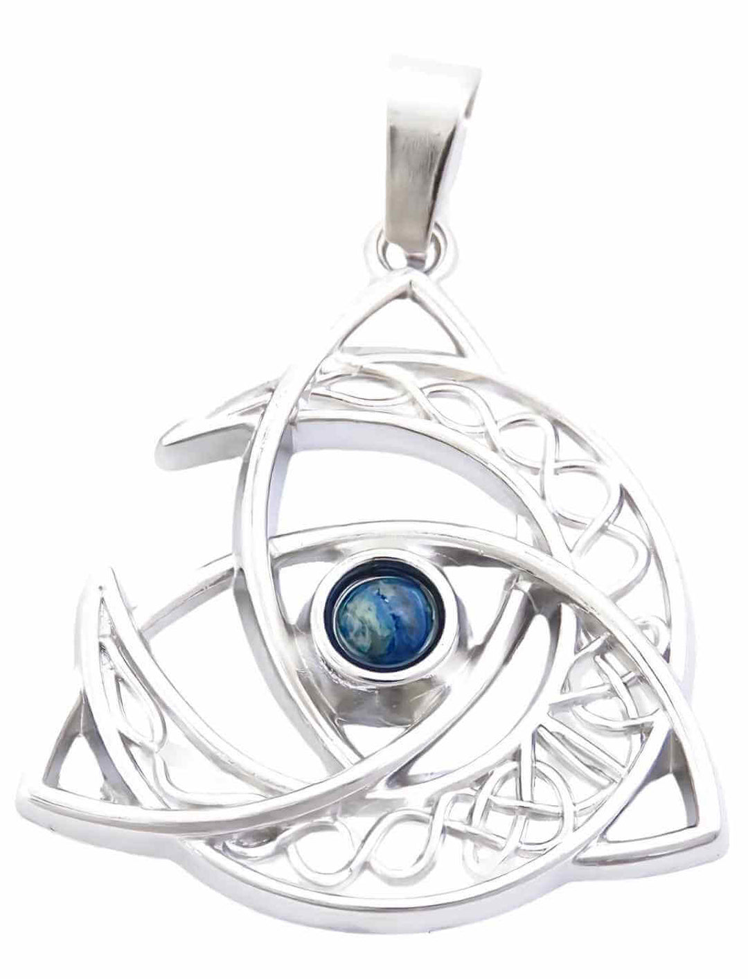 Keltischer Mond des Gleichgewichts mit blauem Apatit Schmuckstein – Ein filigraner Edelstahl-Anhänger mit keltischen Knoten und einem schimmernden, blauen Apatit in der Mitte.