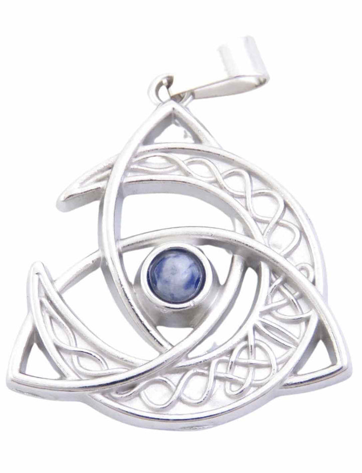Keltischer Mond des Gleichgewichts mit blauem Sodalith – Mystischer Edelstahl-Anhänger mit keltischen Ornamenten und einem schimmernden Sodalith Stein.