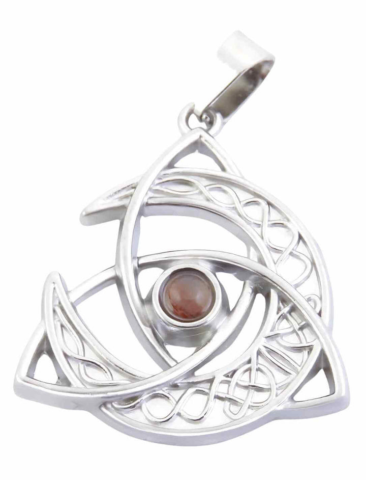 Keltischer Mond des Gleichgewichts mit braunem Achat Schmuckstein – Mystischer Edelstahl-Anhänger mit keltischen Ornamenten und einem schimmernden Achat.