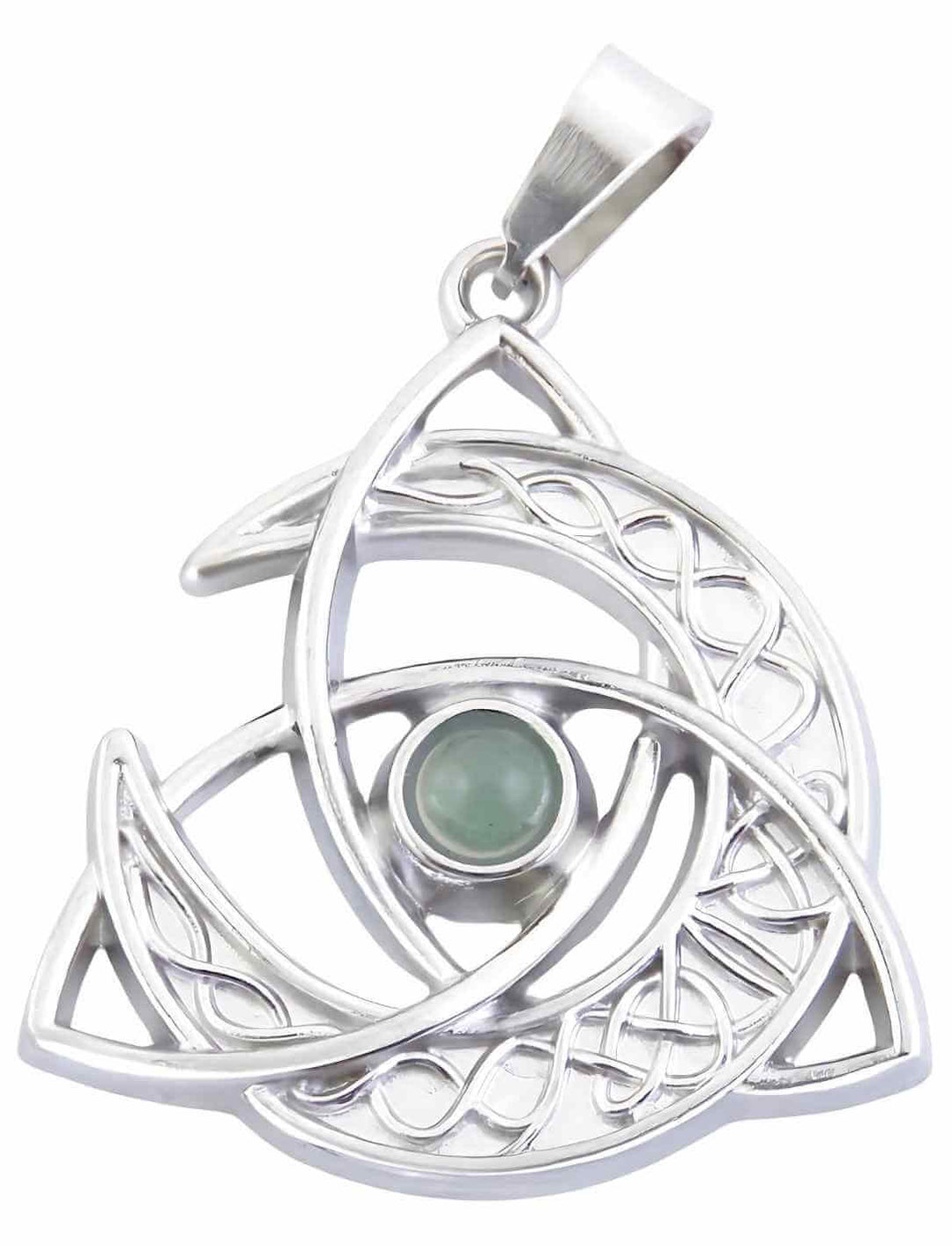 Keltischer Mond des Gleichgewichts mit gruenem Aventurin Schmuckstein – Mystischer Edelstahl-Anhänger mit keltischen Ornamenten und einem schimmernden Aventurin.