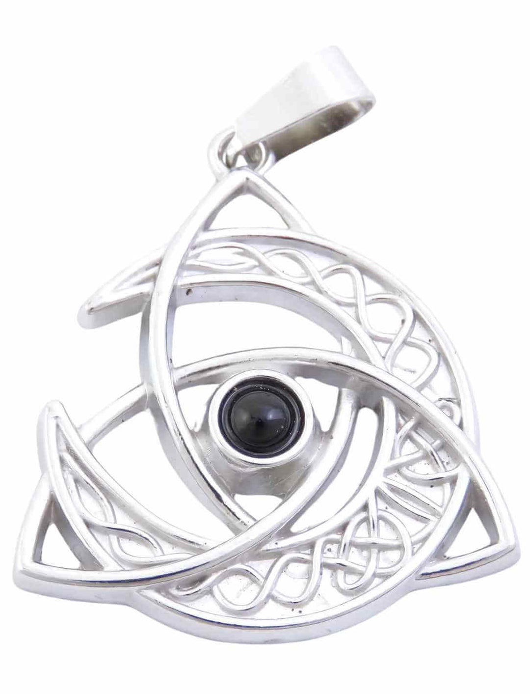 Keltischer Mond des Gleichgewichts mit Onyx – Ein filigraner Edelstahl-Anhänger mit keltischen Knoten und einem schimmernden Onyx in der Mitte.