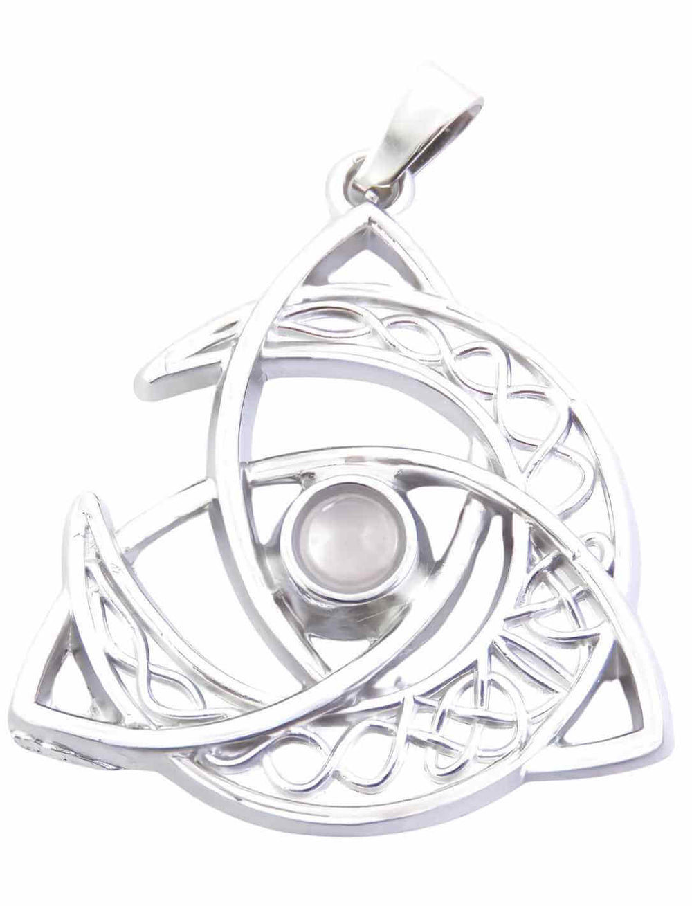 Keltischer Mond des Gleichgewichts mit Rosenquarz Schmuckstein – Ein filigraner Edelstahl-Anhänger mit keltischen Knoten und einem schimmernden Rosenquarz in der Mitte.