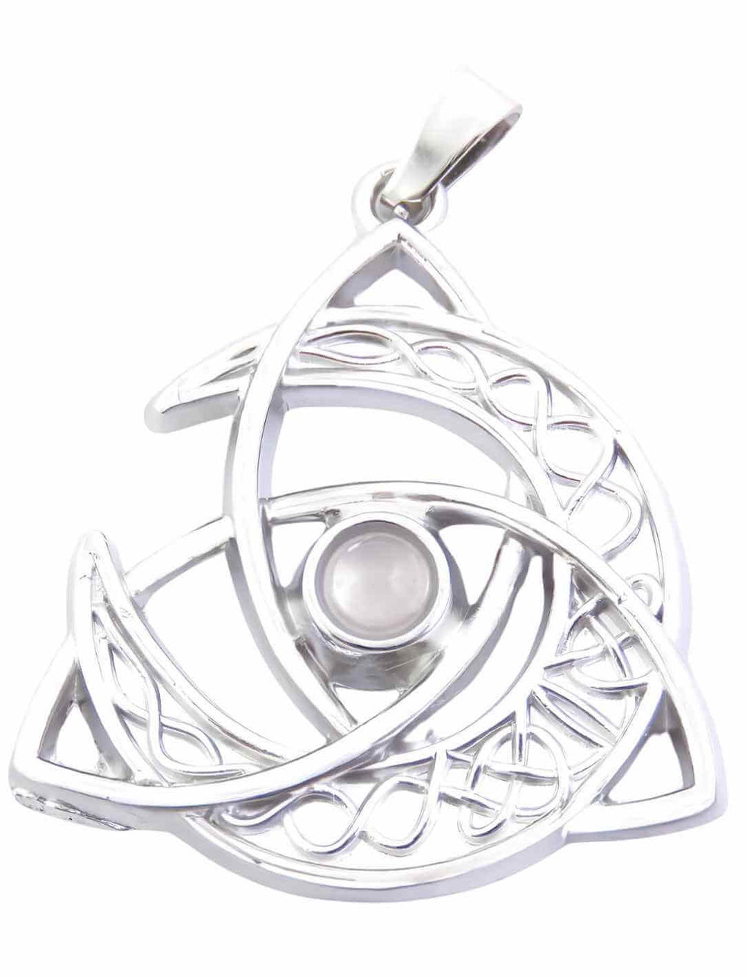 Keltischer Mond des Gleichgewichts mit Rosenquarz Schmuckstein – Ein filigraner Edelstahl-Anhänger mit keltischen Knoten und einem schimmernden Rosenquarz in der Mitte.