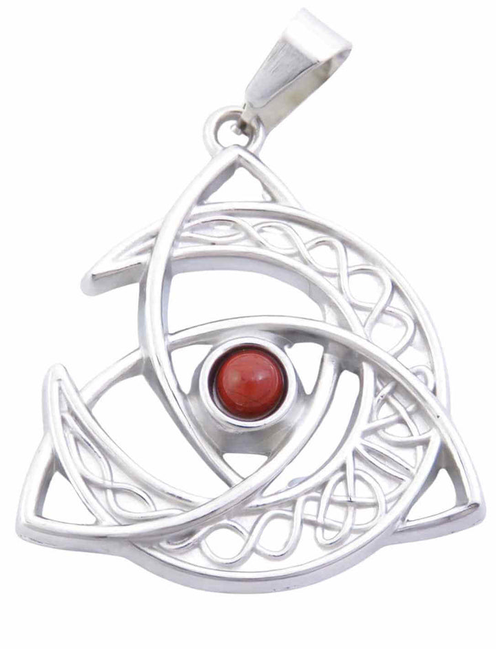 Keltischer Mond des Gleichgewichts mit rotem Jaspis Schmuckstein – Mystischer Edelstahl-Anhänger mit keltischen Ornamenten und einem schimmernden Jaspis.