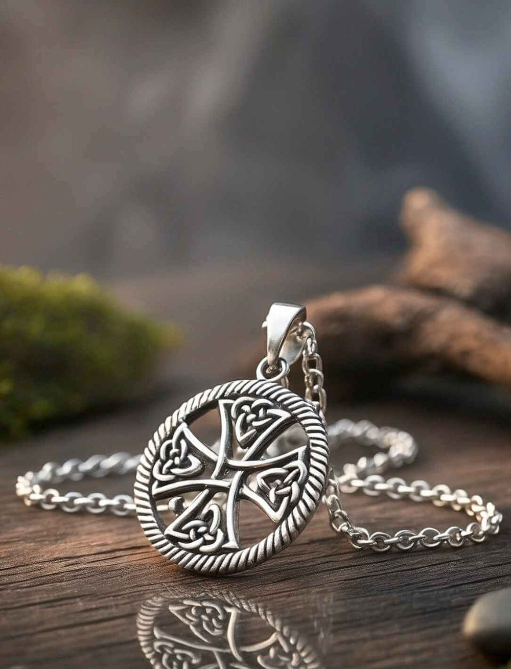 Detailansicht Keltisches Lebensrad Silberanhänger mit Kreuzsymbol und keltischen Ornamenten auf reflektierender Fläche an Silber Ankerkette.