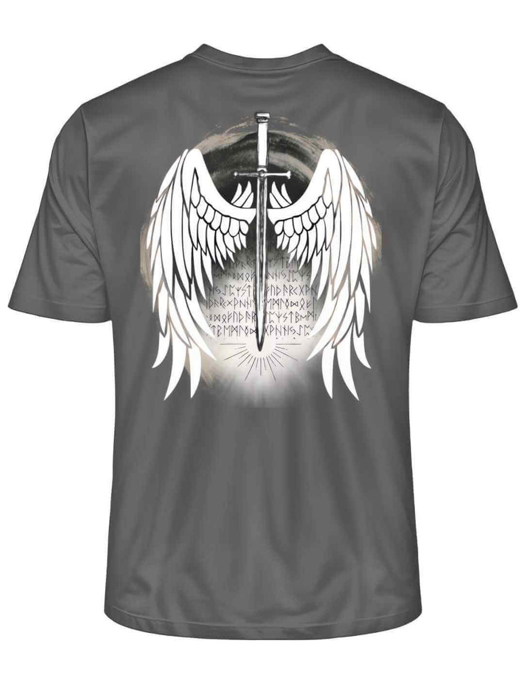 Klinge des Runenwächters T-Shirt in Anthrazit, zeigt nordisches Schutzsymbol und Walkürenflügel auf der Rückseite