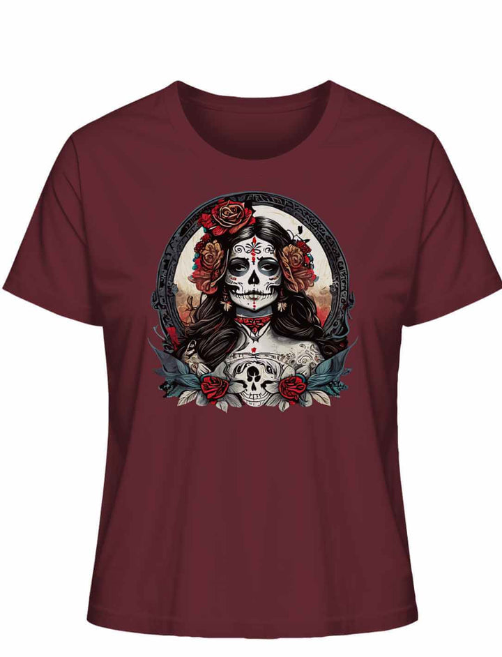 Damen La Catrina Shirt, Zeichen mexikanischer Tradition, aus Bio-Baumwolle in reichem Burgund – Runental.de