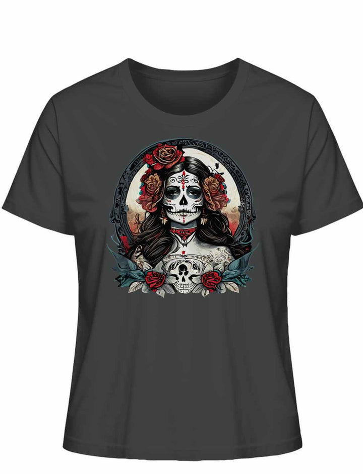 Damen La Catrina Shirt, Darstellung mexikanischer Folklore, aus Bio-Baumwolle in tiefem Anthrazit – Runental.de