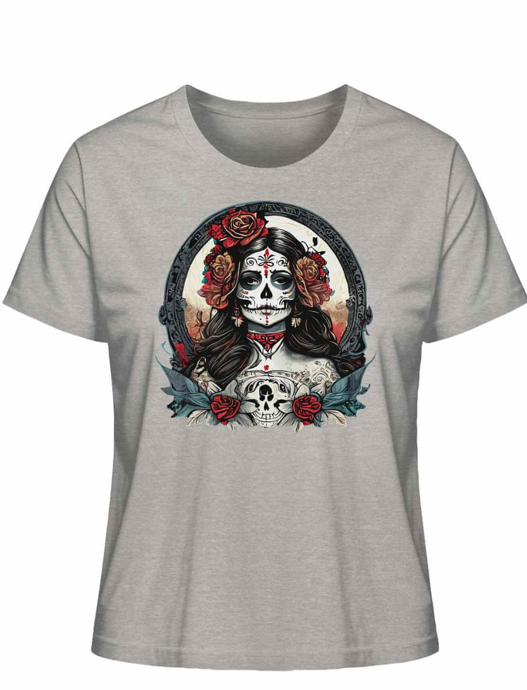 La Catrina Damen T-Shirt in heather grey auf weissem Hintergrund.