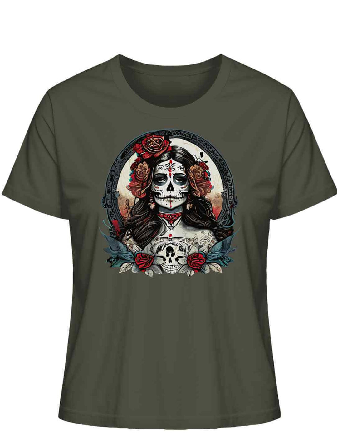 La Catrina Damen T-Shirt in Khaki auf weissem Hintergrund.