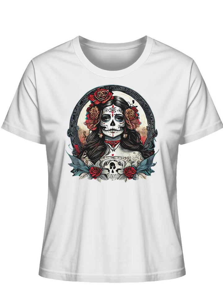 Weisses La Catrina Damen T-Shirt auf weissem Hintergrund.