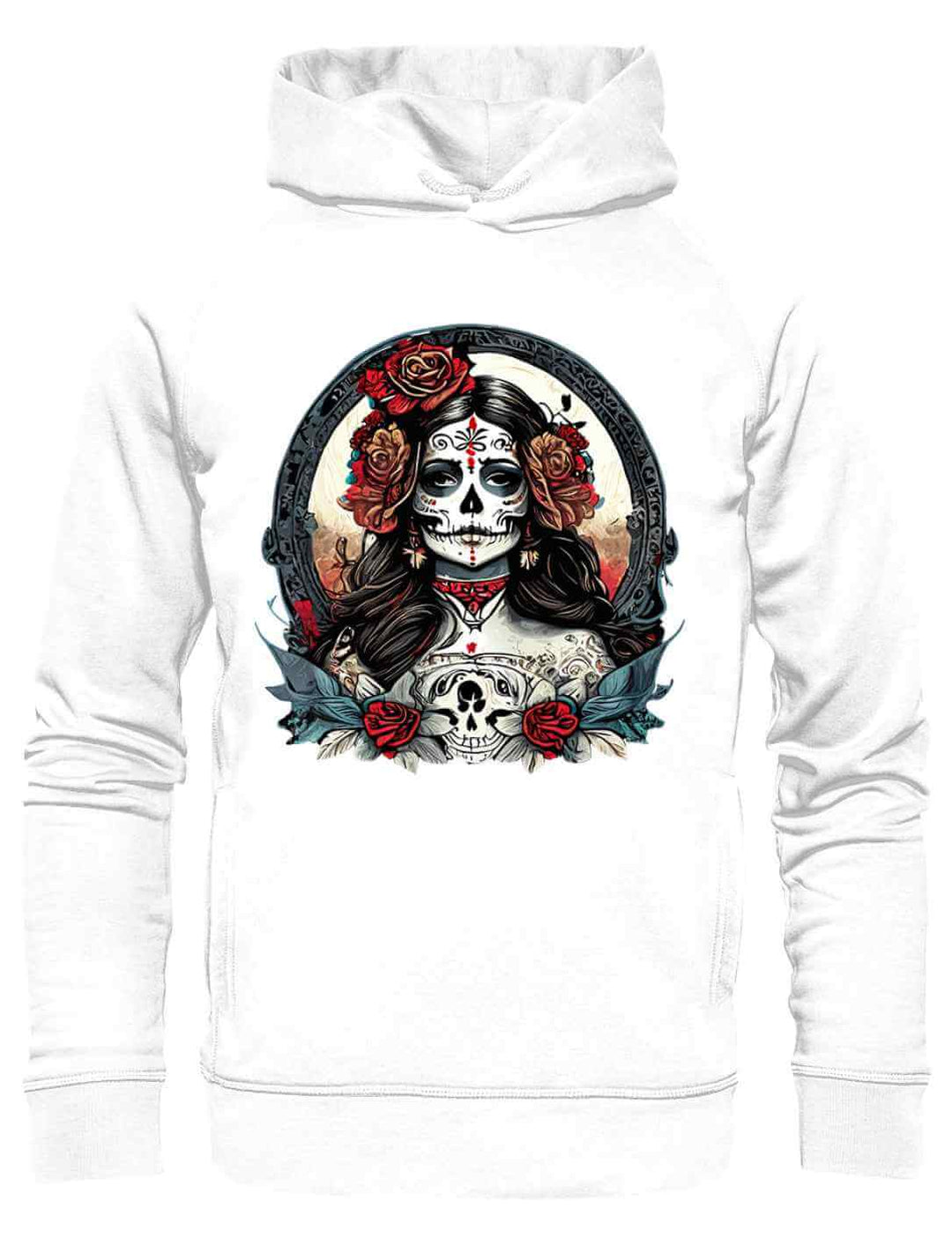 La Catrina Damen Organic Hoodie in Weiss, fotografiert auf weissem Hintergrund.