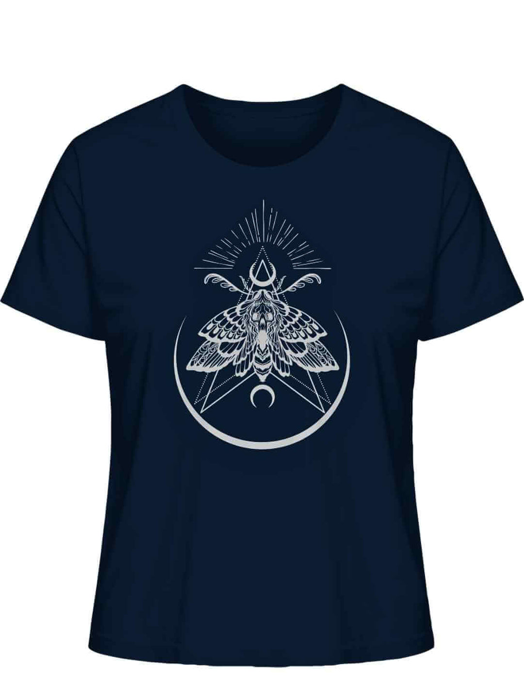 Navyblaues “Lichtbringer der Verwandlung” Damen T-Shirt auf weißem Hintergrund, Frontalansicht – Stilvolles T-Shirt mit mystischer Nachtfalter-Symbolik.