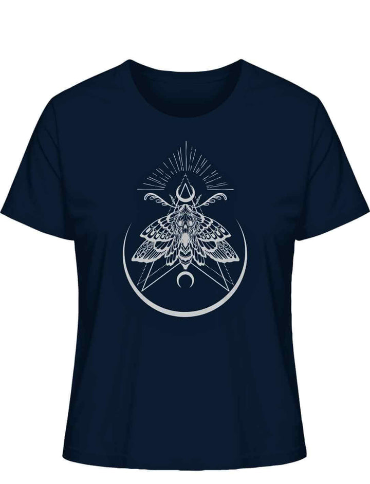 Navyblaues “Lichtbringer der Verwandlung” Damen T-Shirt auf weißem Hintergrund, Frontalansicht – Stilvolles T-Shirt mit mystischer Nachtfalter-Symbolik.