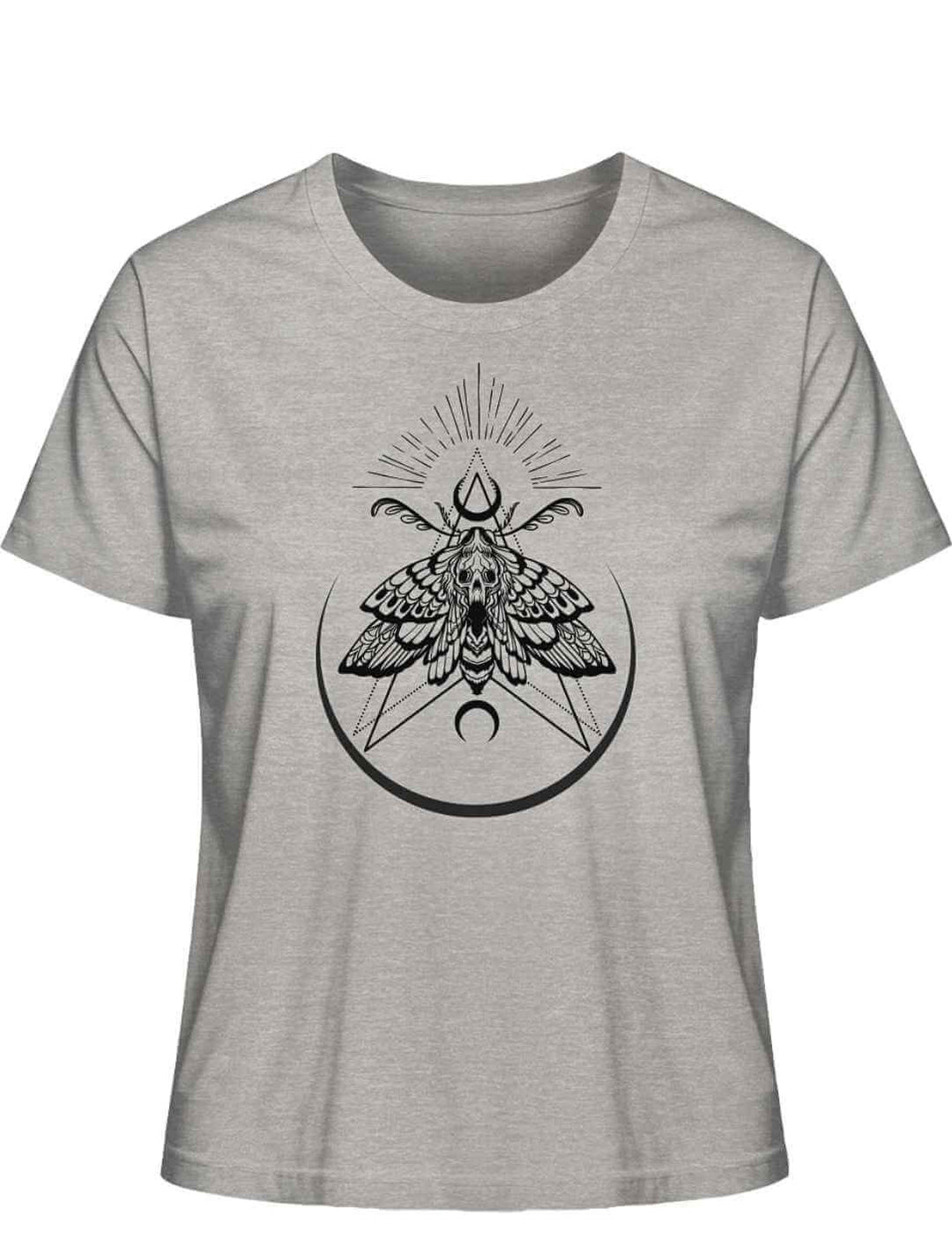 “Lichtbringer der Verwandlung” Damen T-Shirt in Heather Grey auf weißem Hintergrund, Frontalansicht – Stilvolles T-Shirt mit mystischer Nachtfalter-Symbolik.