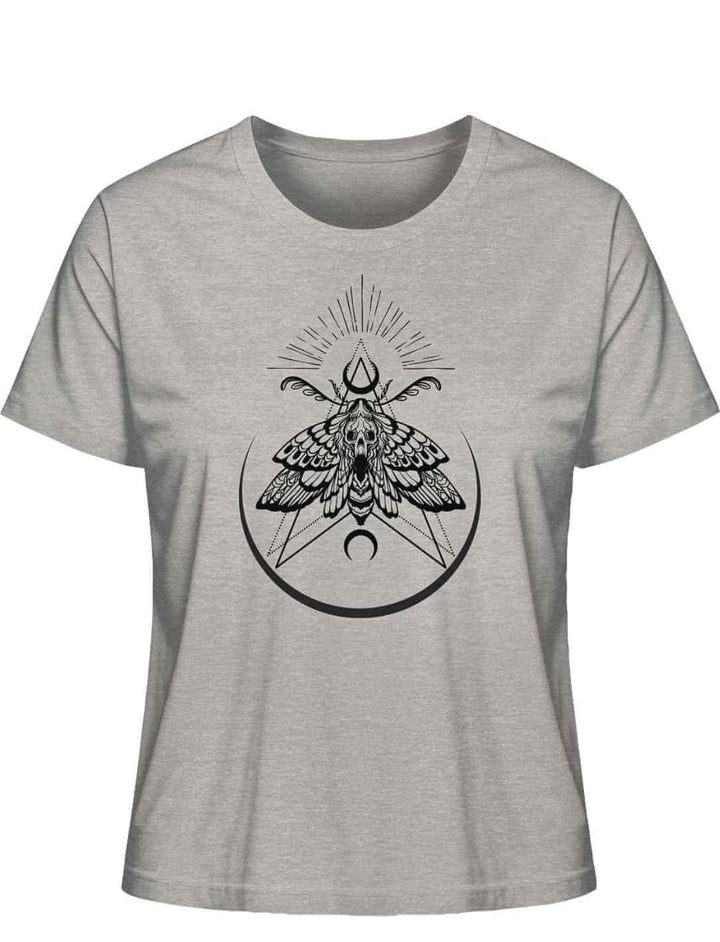 “Lichtbringer der Verwandlung” Damen T-Shirt in Heather Grey auf weißem Hintergrund, Frontalansicht – Stilvolles T-Shirt mit mystischer Nachtfalter-Symbolik.