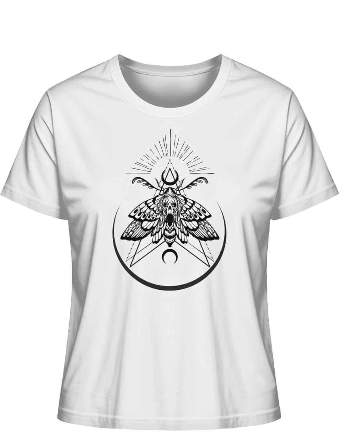 Weisses “Lichtbringer der Verwandlung” Damen T-Shirt auf weißem Hintergrund, Frontalansicht – Elegantes T-Shirt mit Nachtfalter-Symbolik, inspiriert von der Verwandlung.