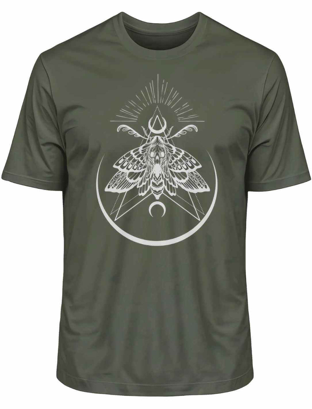 Khaki T-Shirt 'Lichtbringer der Verwandlung' mit Nachtfalter-Print, ausgestellt liegend auf weißem Hintergrund