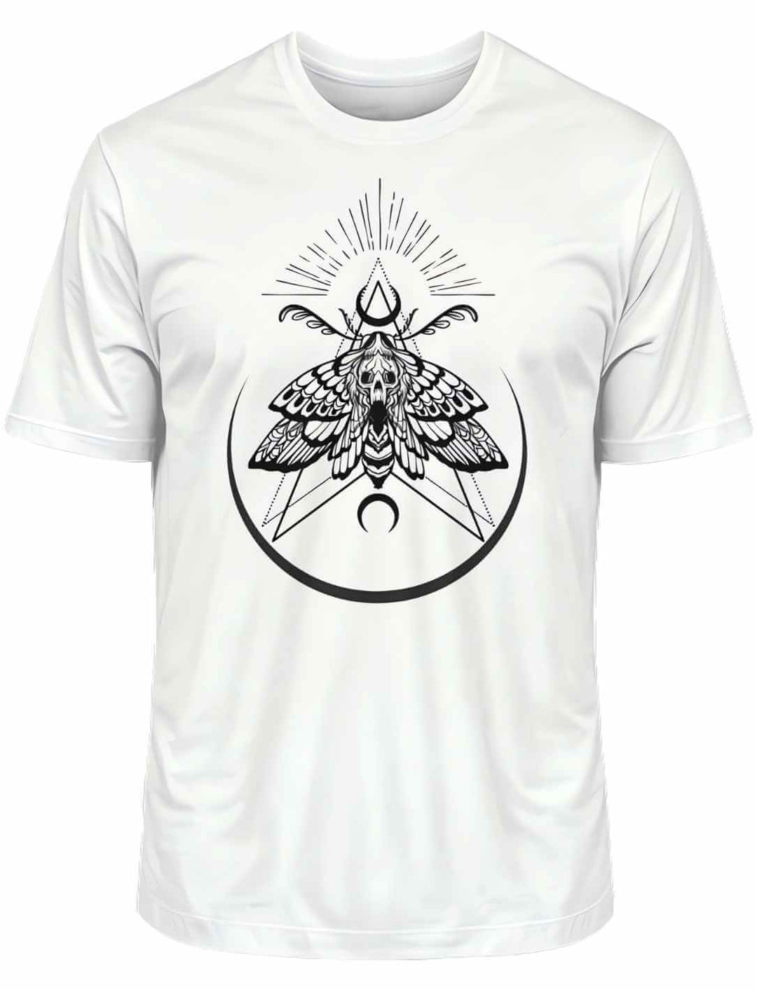 Weißes T-Shirt 'Lichtbringer der Verwandlung' mit Nachtfalter-Design, präsentiert liegend auf weißem Hintergrund