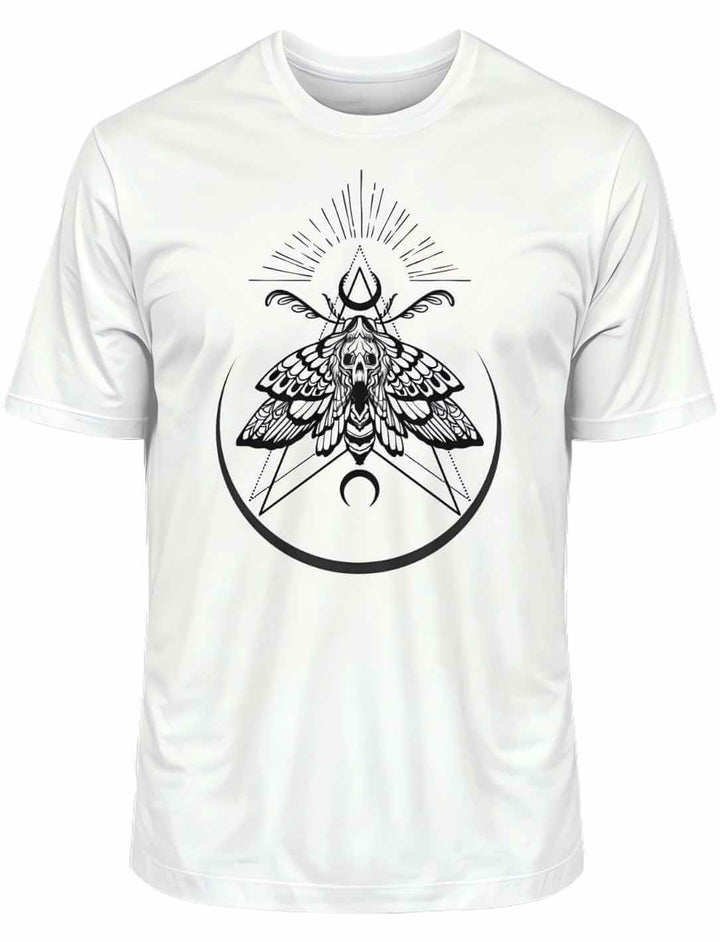 Weißes T-Shirt 'Lichtbringer der Verwandlung' mit Nachtfalter-Design, präsentiert liegend auf weißem Hintergrund