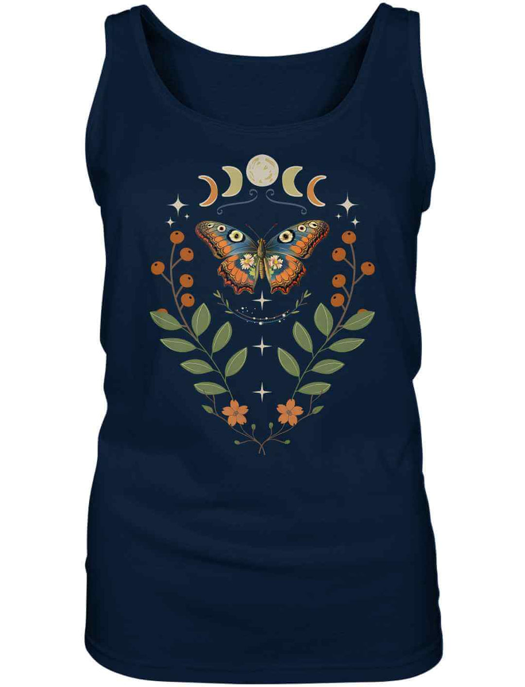 Dunkelblaues Lunaflora Damen Top aus Bio-Baumwolle mit mystischem Schmetterlingsmotiv
