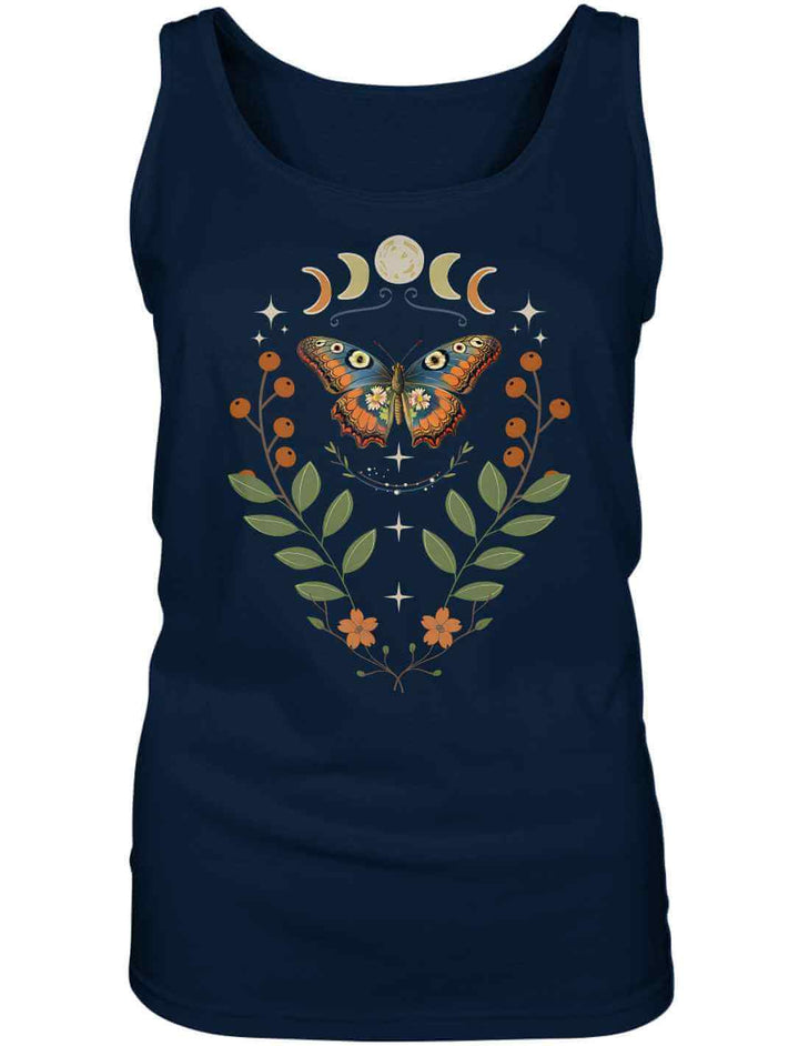 Dunkelblaues Lunaflora Damen Top aus Bio-Baumwolle mit mystischem Schmetterlingsmotiv