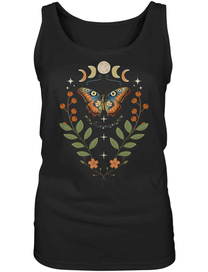 Damen Organic Top Lunaflora in Schwarz mit Schmetterlings- und Mondsymbolik