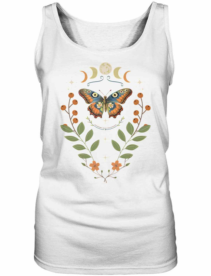 Weißes Damen Bio Top mit Lunaflora-Design – Schmetterling, Mondphasen und florale Elemente