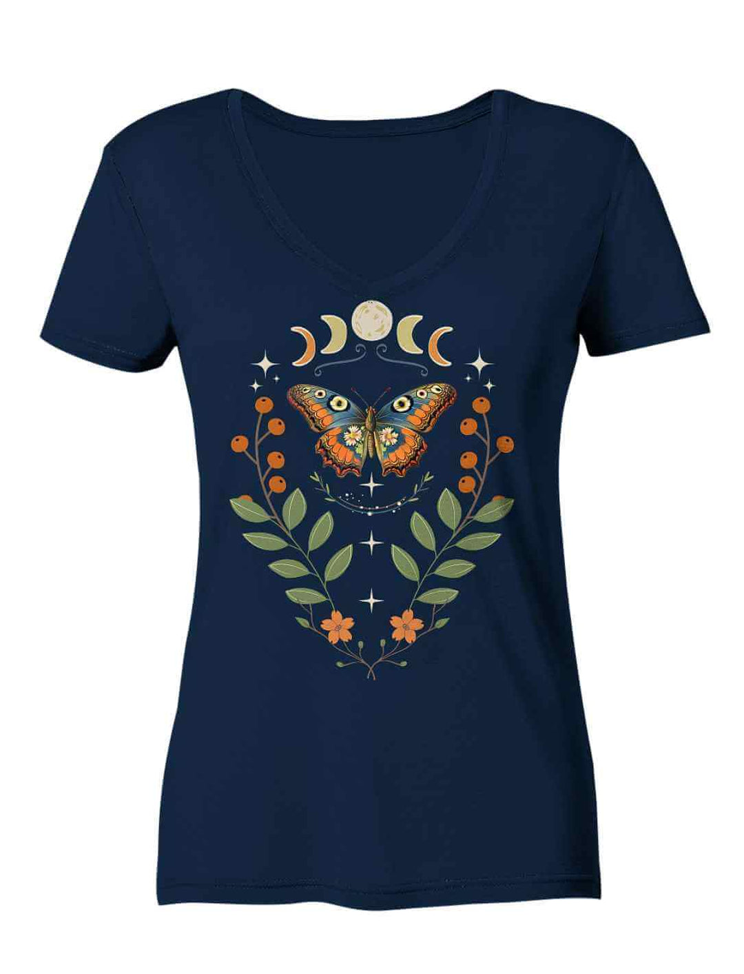 Schmetterling mit Mondphasen auf Bio-Baumwollshirt in navy – Motiv Lunaflora