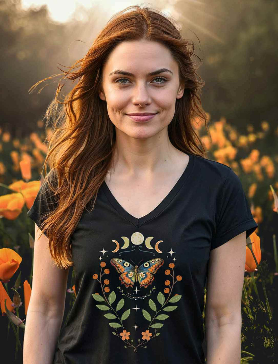 Lunaflora Damen V-Neck Shirt – mystisches Design mit Mondphasen & Schmetterling, Model auf einer Blumenwiese.