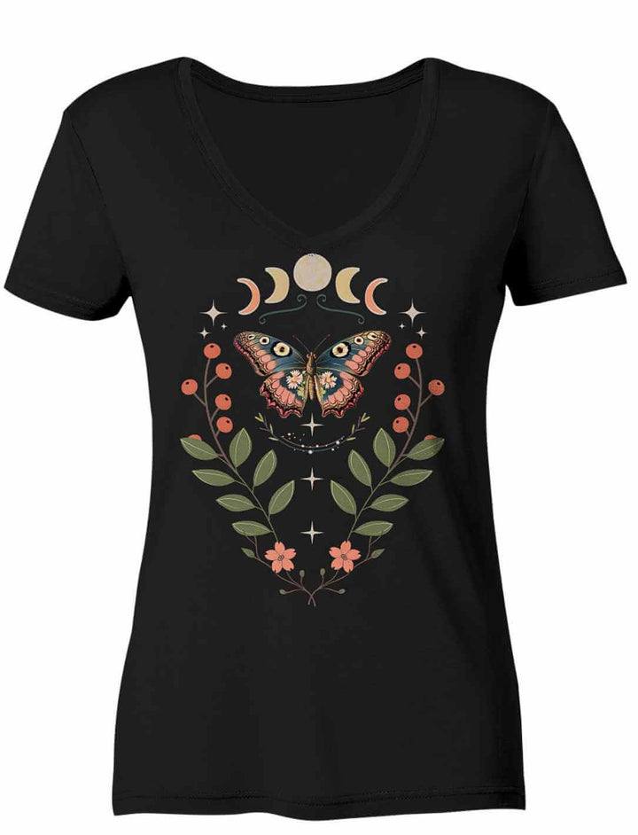 Lunaflora V-Neck Shirt im schwawrz mit floraler Symbolik – inspiriert von Natur, Mond & Wandel