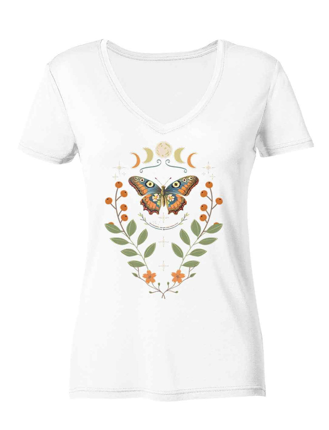 Lunaflora Damen V-Neck Shirt in weiß – mystisches Design mit Mondphasen & Schmetterling