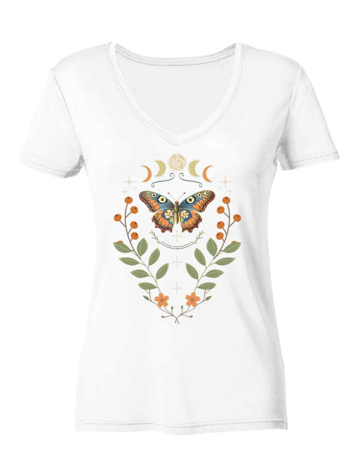 Lunaflora Damen V-Neck Shirt in weiß – mystisches Design mit Mondphasen & Schmetterling