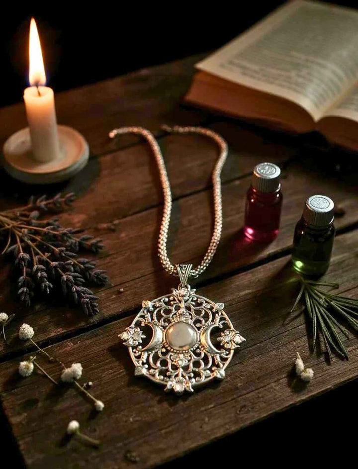 „Lunaria Noctis“ im Kerzenlicht zwischen Runen, Kristallen und Zaubertränken – getragen an filigraner Sternenstaubkette aus Silber, 60 cm