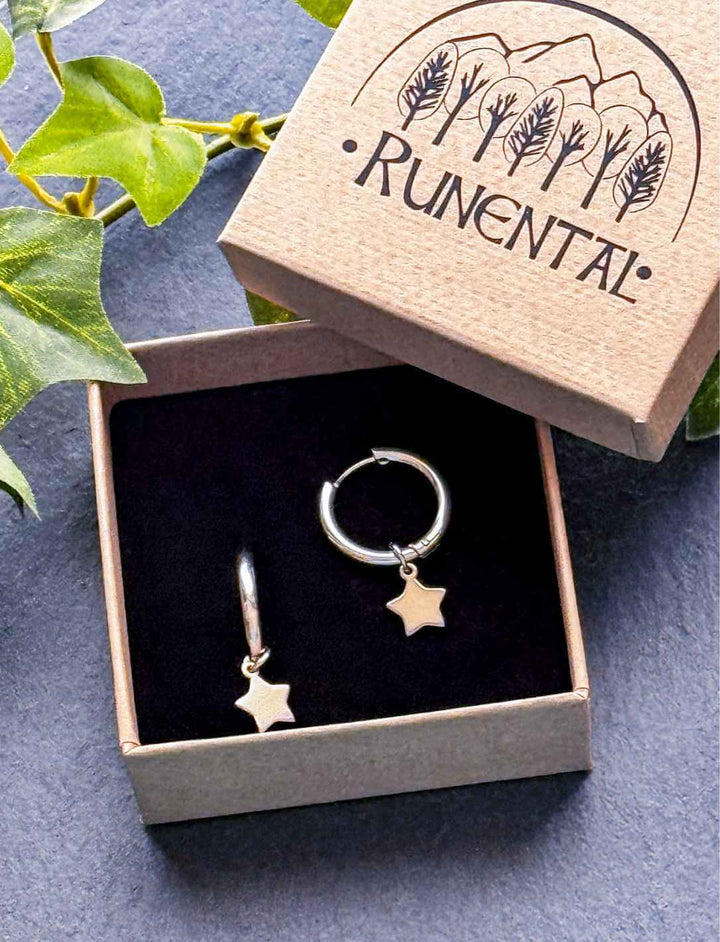 Lunaria Edelstahl-Creolen mit Sternenanhänger in Runental-Schmuckbox auf dunkler Naturfläche mit Efeu.