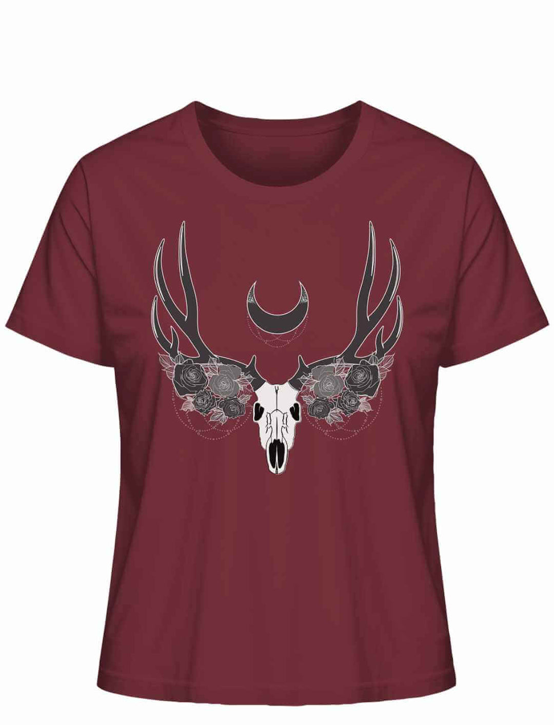 Burgundfarbenes Lunas Mondgeweih Damen-T-Shirt flach ausgelegt auf weißem Hintergrund, mit einem kreativen Schädel- und Geweihmotiv und einer darüber schwebenden Mondsichel.