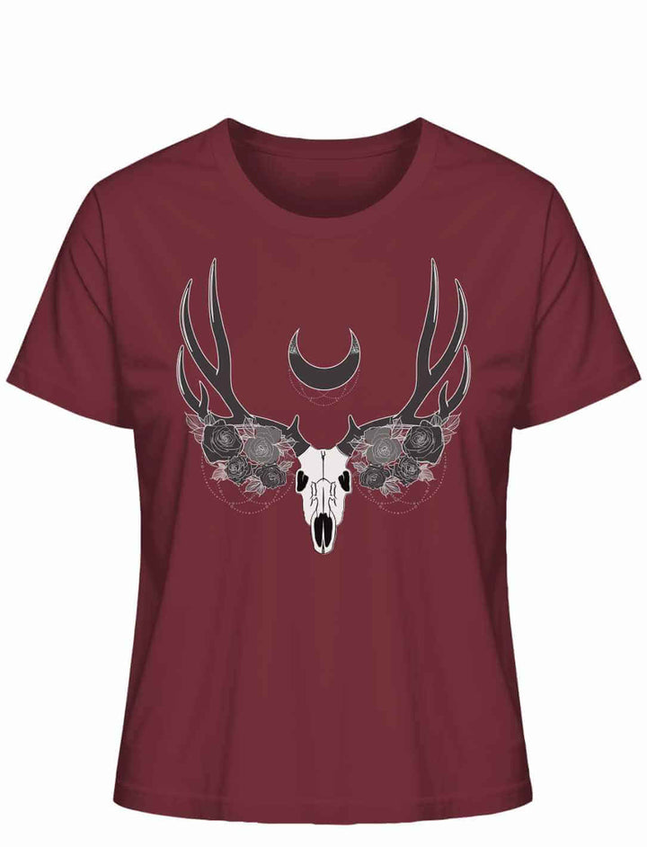 Burgundfarbenes Lunas Mondgeweih Damen-T-Shirt flach ausgelegt auf weißem Hintergrund, mit einem kreativen Schädel- und Geweihmotiv und einer darüber schwebenden Mondsichel.