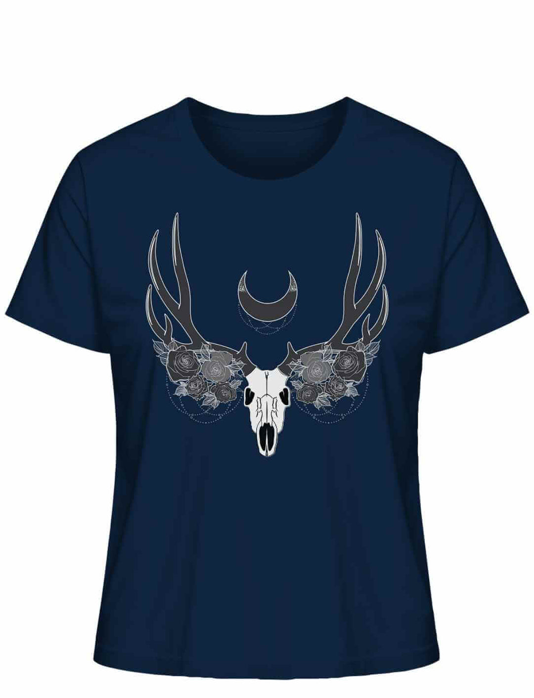 French Navy farbenes Lunas Mondgeweih Damen-T-Shirt flach auf einem weißen Hintergrund präsentiert, mit einem auffälligen Geweih- und Schädelmotiv und einer Mondsichel als zentralem Element.