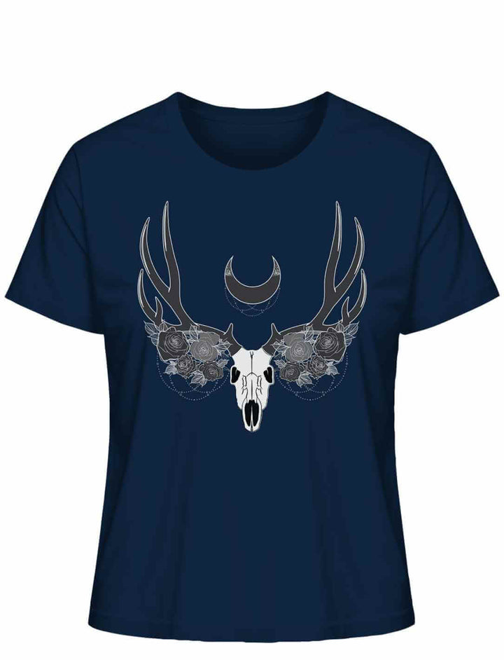 French Navy farbenes Lunas Mondgeweih Damen-T-Shirt flach auf einem weißen Hintergrund präsentiert, mit einem auffälligen Geweih- und Schädelmotiv und einer Mondsichel als zentralem Element.