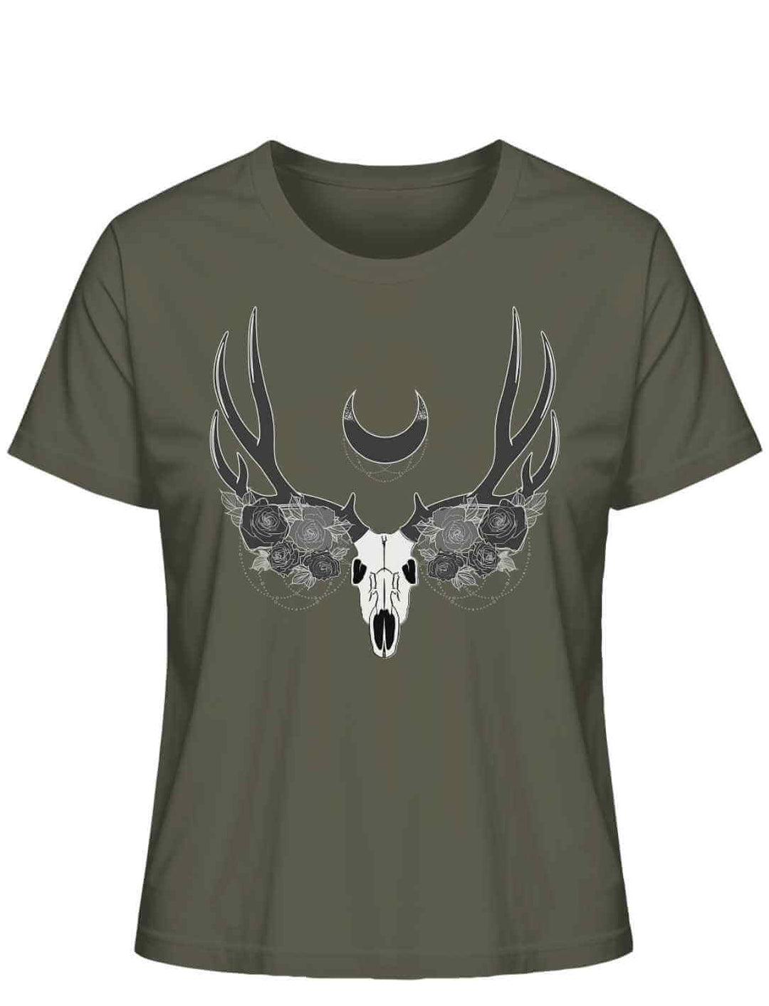 Khaki farbenes Lunas Mondgeweih Damen-T-Shirt flach auf einem weißen Hintergrund präsentiert, mit einem auffälligen Geweih- und Schädelmotiv und einer Mondsichel als zentralem Element.