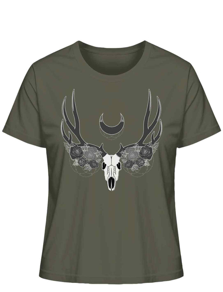 Khaki farbenes Lunas Mondgeweih Damen-T-Shirt flach auf einem weißen Hintergrund präsentiert, mit einem auffälligen Geweih- und Schädelmotiv und einer Mondsichel als zentralem Element.