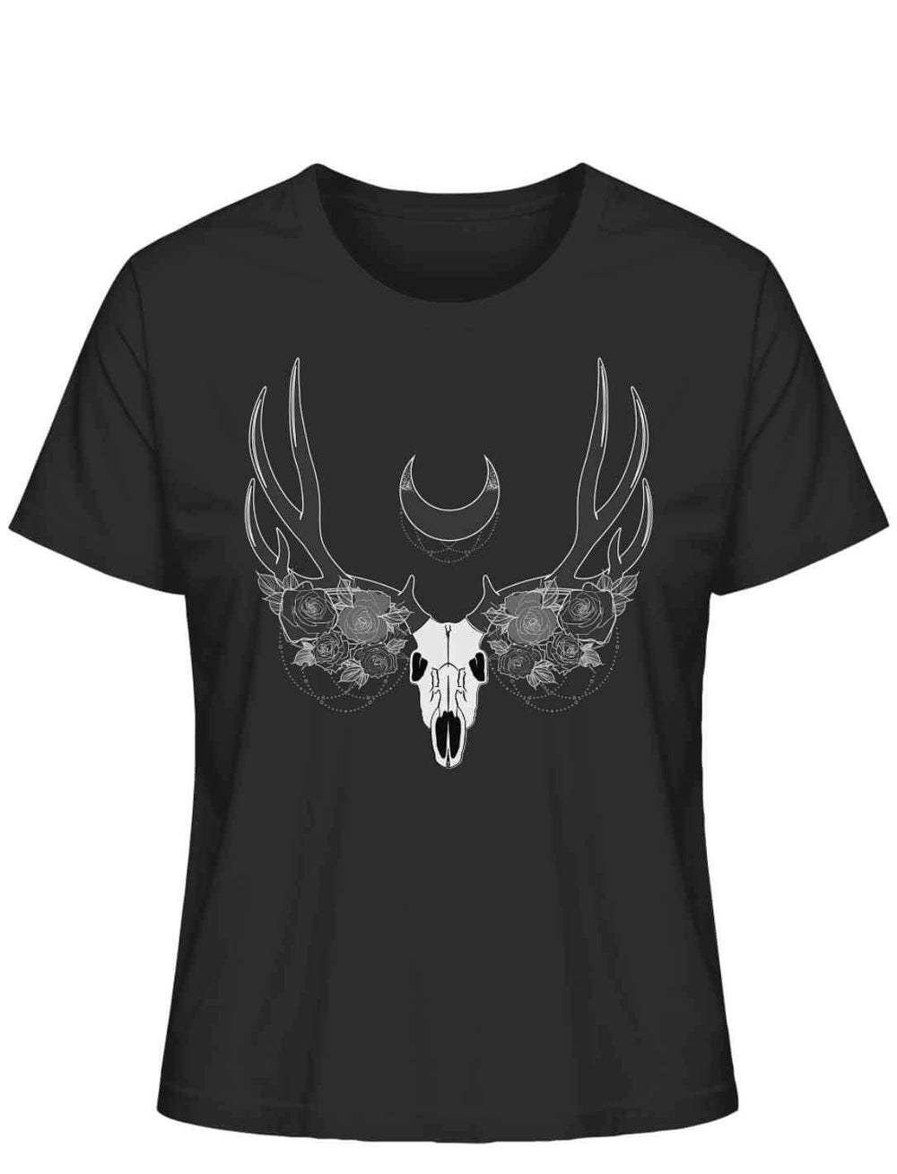 Schwarzes Lunas Mondgeweih Damen-T-Shirt flach ausgelegt auf weißem Hintergrund, mit einem mystischen Schädel- und Geweihdesign unter einer Mondsichel