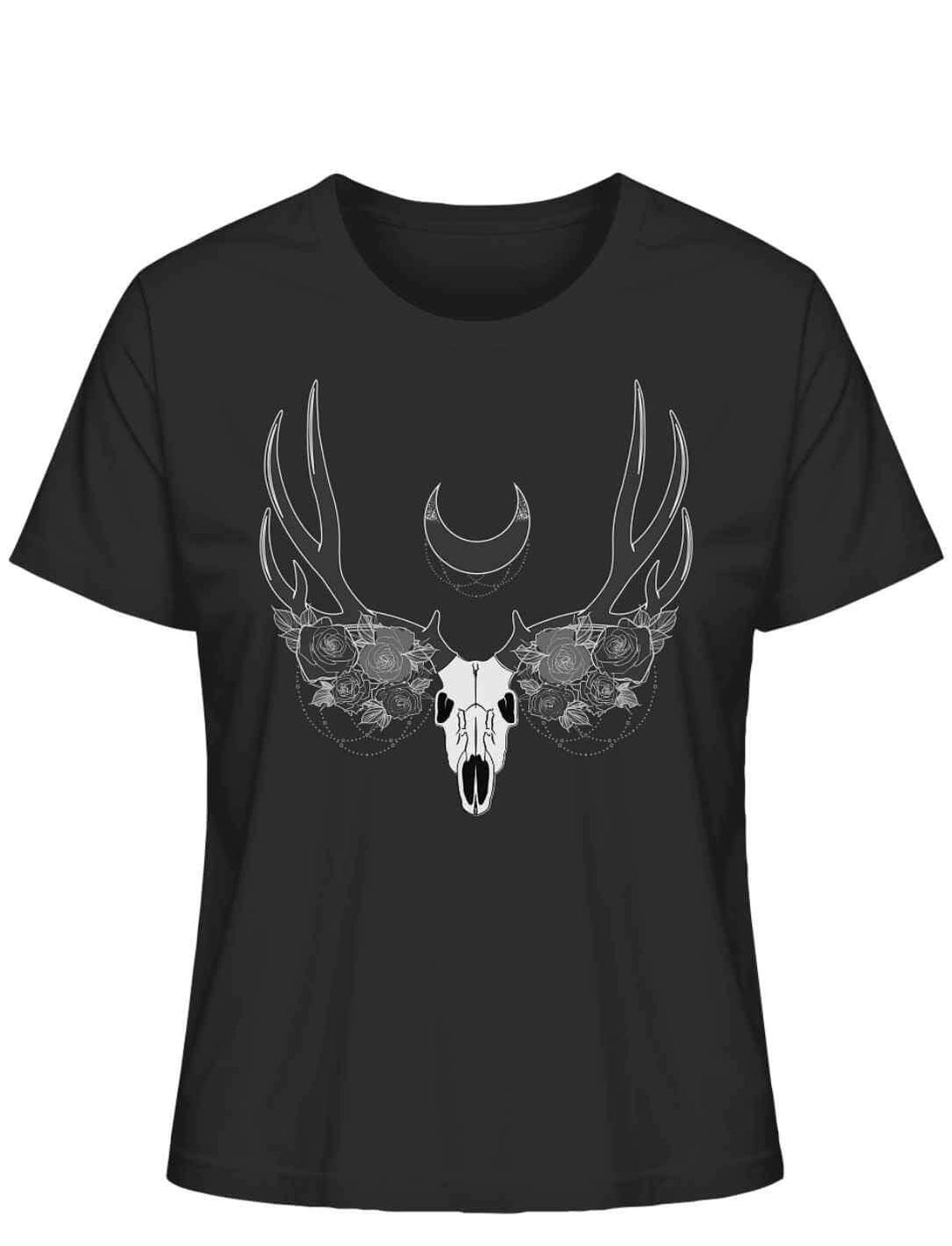 Schwarzes Lunas Mondgeweih Damen-T-Shirt flach ausgelegt auf weißem Hintergrund, mit einem mystischen Schädel- und Geweihdesign unter einer Mondsichel