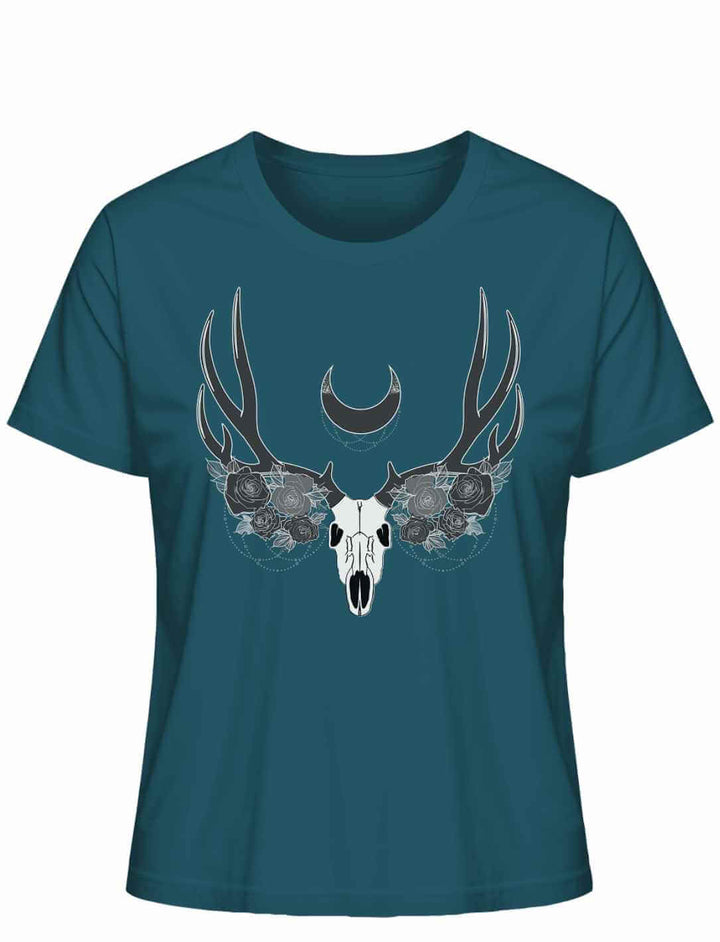 Stargazer farbenes Lunas Mondgeweih Damen-T-Shirt flach auf einem weißen Hintergrund präsentiert, mit einem auffälligen Geweih- und Schädelmotiv und einer Mondsichel als zentralem Element.